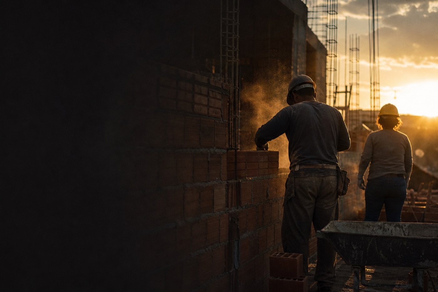 Profissionais da construção trabalhando ao entardecer